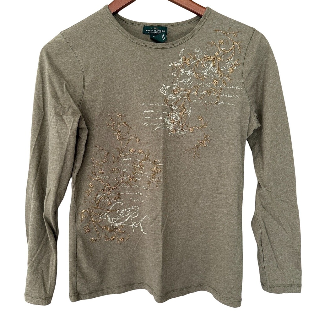 Ralph Lauren Graphic Long Sleeve Tee LRL Logo Floral Design Round Neck Women's M